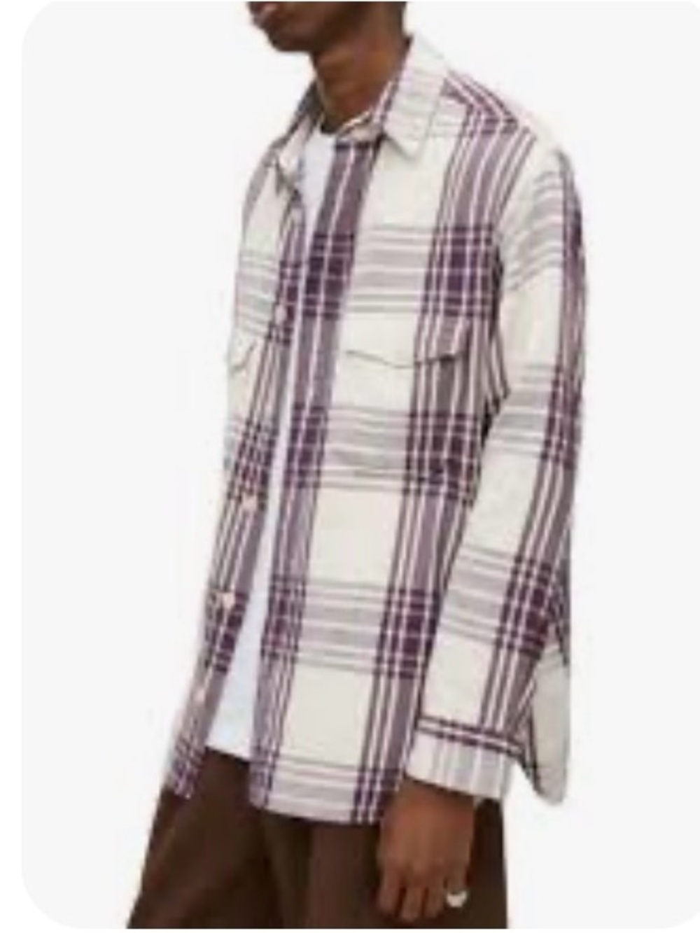 ALLSAINTS  Men’s Bluefield Plaid Relaxed Fit White Purple Heavy Button-Up Size L